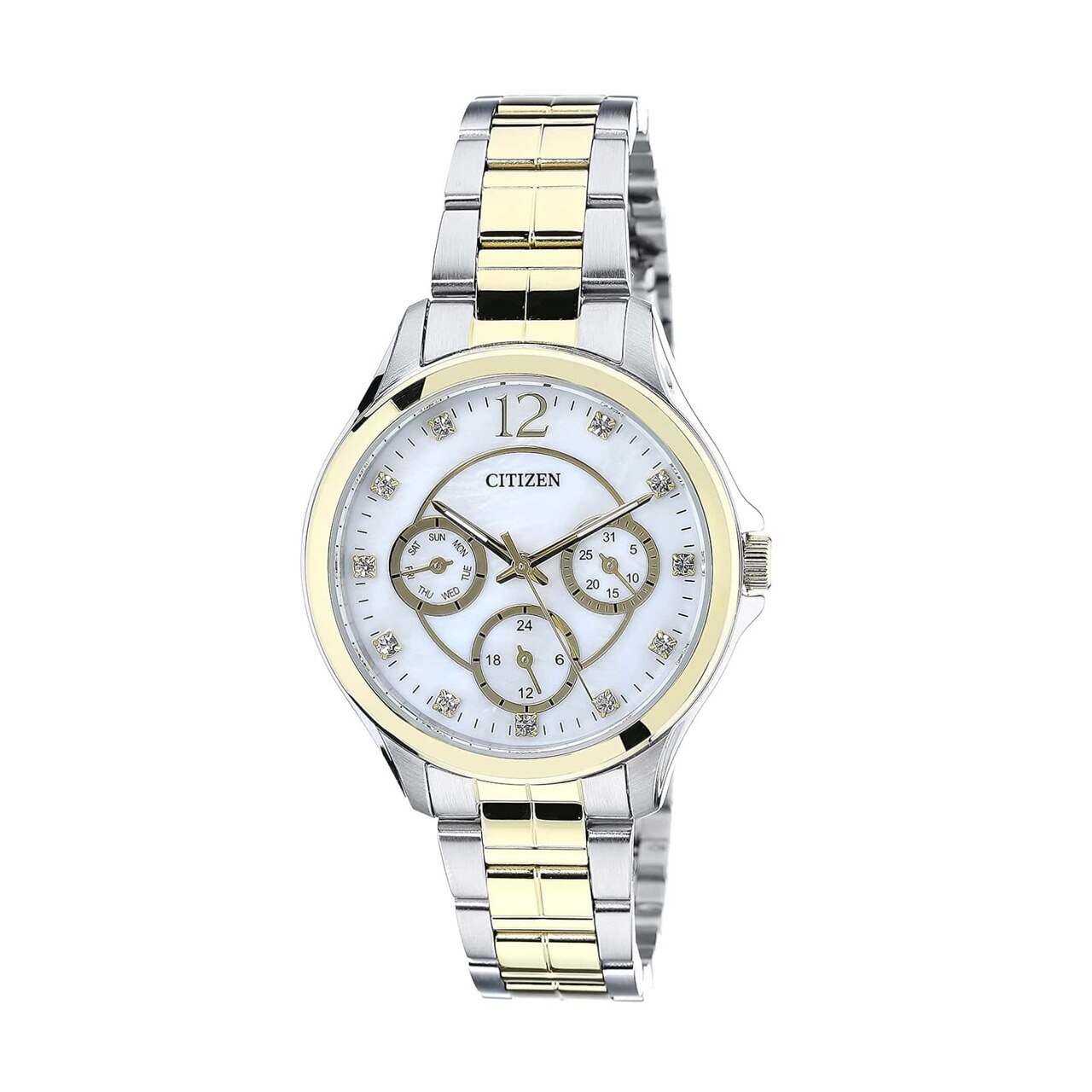 Citizen ED8144-56D Two Tone Stainless Steel watch with a mother of pearl dial, showcasing its elegant design and features.